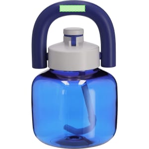 A drink bottle in blue with a white lid and a navy handle, featuring a spout and a logo.
