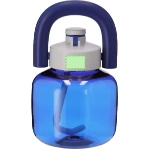 A drink bottle with a large, transparent blue body and a navy blue handle, featuring a lid and a straw.
