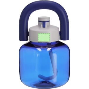 A drink bottle in blue with a handle and a spout. It features a simple design and has a logo on the body.