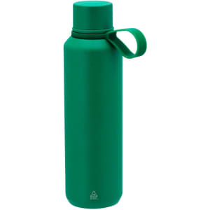 A drink bottle in a vibrant green colour with a screw-top lid and a handle. It features branding on the surface.
