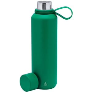 A green insulated drink bottle with a silver screw cap and a looped handle. It features a logo on the design.