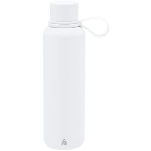 A drink bottle in white stainless steel with a screw-top lid and a loop for easy carrying.