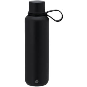 A drink bottle in matte black with a secure lid and a convenient handle, featuring a logo.