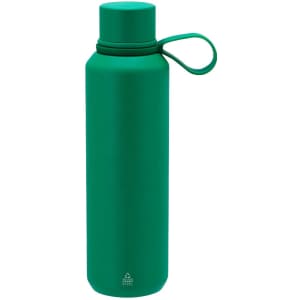 A drink bottle in a vibrant green colour with a matching screw top and a loop for easy carrying. Features a logo.