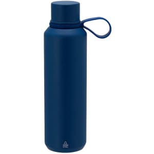 A drink bottle in a deep blue colour with a matte finish and a looped carry strap. It features a logo on the base.