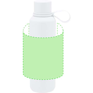 A drink bottle in white with a green sleeve, featuring a cap and a handle. The bottle has a logo.