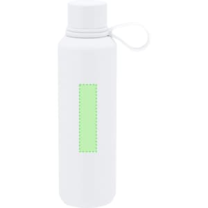 A drink bottle in white with a green section, featuring a lid and a loop for carrying. It has a logo displayed.