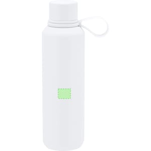 A drink bottle in white with a lid and a small attachment loop, featuring a blank area for branding.