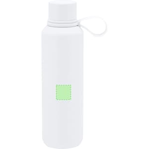 A drink bottle in white with a green accent, featuring a removable lid and a loop for easy carrying.