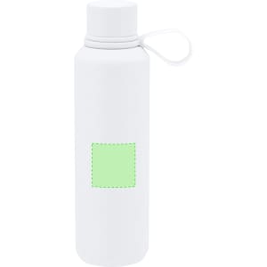 A drink bottle in white with a green blank area for custom branding and a flip-top lid.
