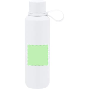 A drink bottle in white with a green blank area and a looped cap. It features a logo on the side.