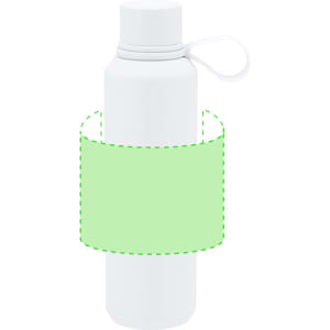 A drink bottle in white with a green band, featuring a lid and a strap for easy carrying.