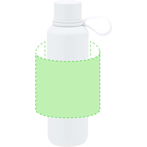 A drink bottle in white with a green band and a lid featuring a loop for easy carrying.