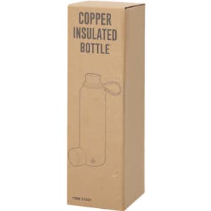 A drink bottle in a brown cardboard box, featuring a sketch of a copper insulated bottle with a lid and carry strap.