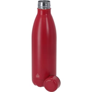 A drink bottle in red, featuring a stainless steel cap, with a smooth matte finish and a branded logo.