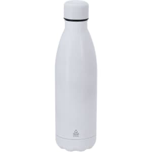 A drink bottle in white, featuring a sleek design and a black silicone seal, with a logo near the base.