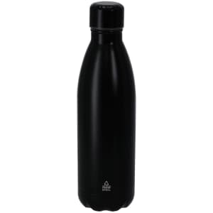 A drink bottle in black, featuring a sleek, smooth design and a cap. It has a logo on its surface.