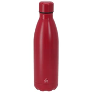A drink bottle in a solid red colour, featuring a sleek design and an attached lid. It has a logo on the surface.