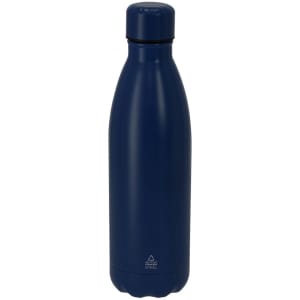 A drink bottle in navy blue, made from stainless steel, featuring a sleek, modern design and a logo.