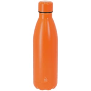 A drink bottle in bright orange with a sleek, stainless steel design and a logo.