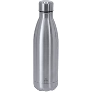 A drink bottle in silver stainless steel with a sleek, curved design and a screw-on lid. It features a logo.