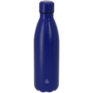 A drink bottle in a sleek, deep blue design made of stainless steel, featuring a functional lid and a logo.