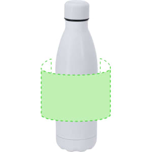 A drink bottle in white, featuring a sleek design and a black band, includes a branding logo.