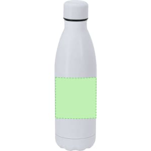 A drink bottle in white with a green blank area for customisation. It has a sleek, rounded design.