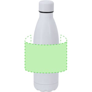 A drink bottle in white with a sleek design, featuring a black band and a logo. Ideal for beverages.