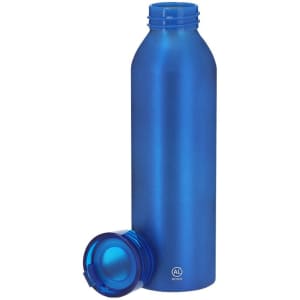 A drink bottle in a vibrant blue colour with a removable screw-on lid. It features a simple design and a logo.