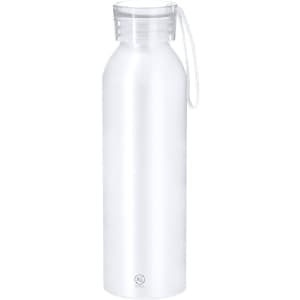 A drink bottle in clear plastic with a removable cap and a carrying strap, featuring a logo on the base.