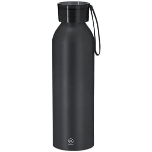 A drink bottle in matte black with a sleek design and a removable cap featuring a loop for carrying.
