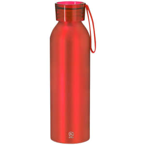 A drink bottle in vibrant red with a sleek design, featuring a carrying strap and branding on the base.