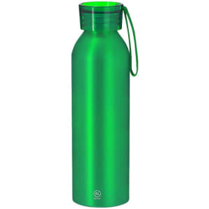 A drink bottle in a vibrant green colour with a textured lid and a carrying strap. It features a logo.