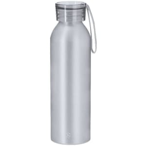 A drink bottle in sleek silver with a screw-on lid and a handy carrying strap. It features a logo on the base.
