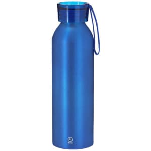 A drink bottle in a glossy blue finish with a contoured shape and a matching lid, featuring a carrying strap.