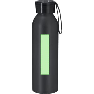 A drink bottle in black with a mint green rectangular section and a black cap, featuring a loop for carrying.