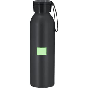 A drink bottle in matte black featuring a small green square and a handle for easy carrying.