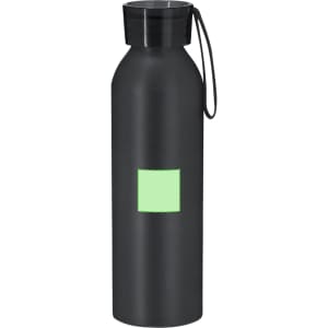A drink bottle in matte black with a green square label and a carry strap. It features a screw-on lid.
