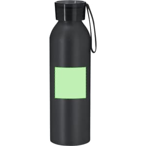 A drink bottle in black with a mint green rectangular section and a black lid. It features a carry strap.
