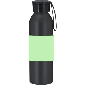 A drink bottle in black with a blank green label area and a black cap, featuring a carrying strap.