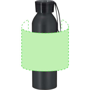 A drink bottle in black with a black lid and a carrying strap, featuring a logo.