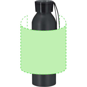 A drink bottle in black with a sleek design and a removable lid, featuring a logo.