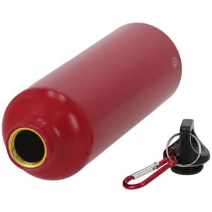 A red drink bottle with a metal finish, featuring a black cap and a carabiner attachment.