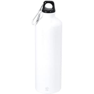 A drink bottle in white with a black cap and a metal carabiner attachment. It features a logo.