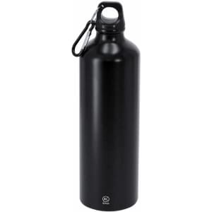A drink bottle in matte black with a carabiner attachment and a logo at the base.