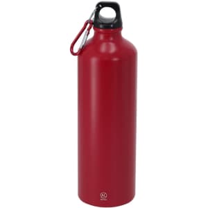 A drink bottle in vibrant red with a black lid and a carabiner attachment. It features a logo on the surface.