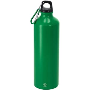A green drink bottle with a sleek design and a black carabiner for easy attachment. It features a logo.