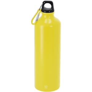 A drink bottle in bright yellow with a black cap and a carabiner attached, featuring a logo.