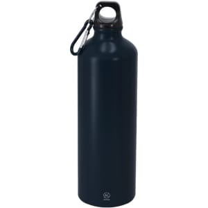 A drink bottle in navy blue with a carabiner attachment and a logo at the base.